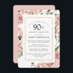 ダスティピンクローズフローラ90th金ゴールド誕生日パーティー 招待状<br><div class="desc">かわいらしこの90回目のモダン誕生日パーティーの招待にエレガントは、ほこりっぽいピンクのバラと金ゴールドのフレームが縁どフローラを作り出す。</div>