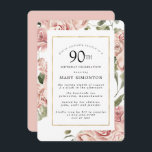ダスティピンクローズフローラ90th金ゴールド誕生日パーティー 招待状<br><div class="desc">かわいらしこの90回目のモダン誕生日パーティーの招待にエレガントは、ほこりっぽいピンクのバラと金ゴールドのフレームが縁どフローラを作り出す。</div>