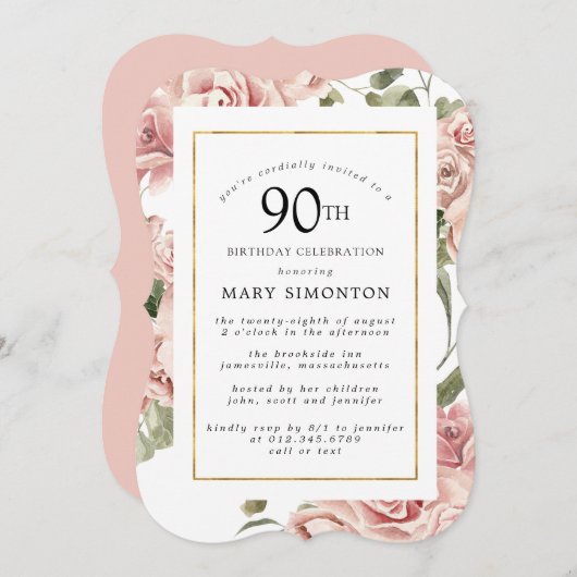 ダスティピンクローズフローラ90th金ゴールド誕生日パーティー 招待状 (正面/裏面)