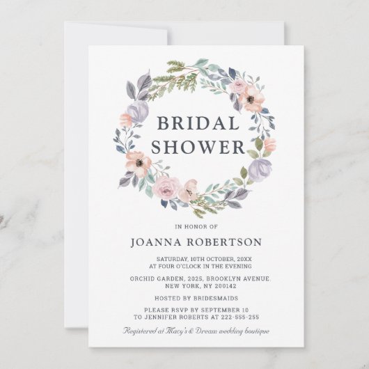 ダスティピンクローズミッドサマーフローラブライダルシャワー 招待状 (正面)
