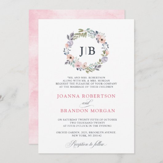 ダスティピンクローズミッドサマーフローラ結婚ズ 招待状 (正面/裏面)