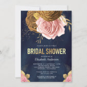 ダスティピンクローズ自然フローラネイビーブライダルシャワー 招待状 (正面)