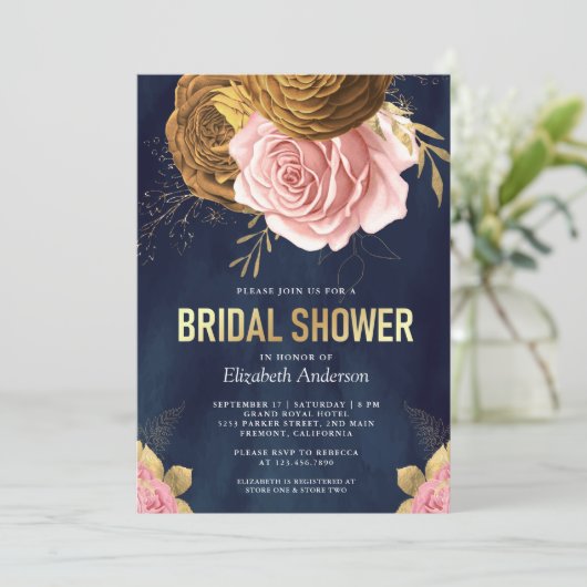ダスティピンクローズ自然フローラネイビーブライダルシャワー 招待状 (スタンド正面)