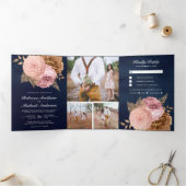 ダスティピンクローズ自然フローラネイビーブルー結婚ズ 三つ折り招待状 (内部)