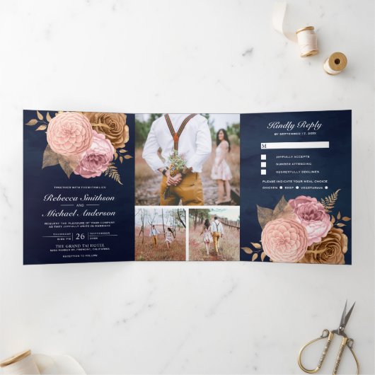ダスティピンクローズ自然フローラネイビーブルー結婚ズ 三つ折り招待状 (内部)