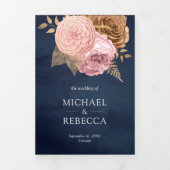 ダスティピンクローズ自然フローラネイビーブルー結婚ズ 三つ折り招待状 (カバー)