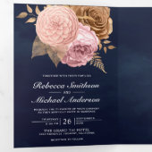 ダスティピンクローズ自然フローラネイビーブルー結婚ズ 三つ折り招待状 (内部最初)