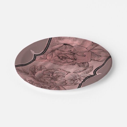 ダスティピンクローズ金ゴールドエレガントグラムフローラシック ペーパープレート (アングル)