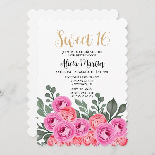 ダスティピンクローズ金ゴールドスウィート16誕生日 招待状 (正面/裏面)