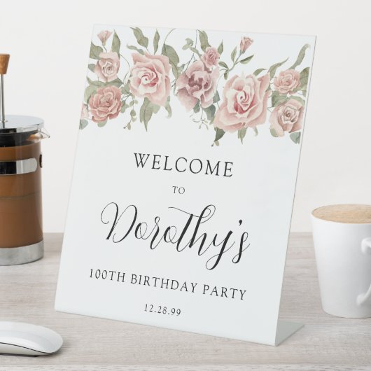 ダスティピンクローズ100誕生日ウェルカムテーブルトップ 台座サイン (インサイチュ)
