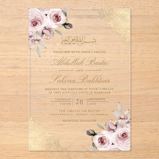 ダスティピンクローゼス金ゴールドレースムスリム結婚ズ アクリル招待状 (正面)