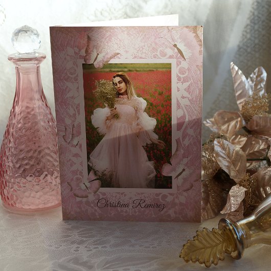 ダスティピンクヴィンテージバタフライキンセアニェラ招待状 カード