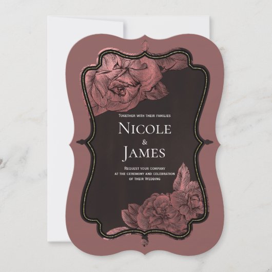 ダスティピンクヴィンテージバラエレガント金ゴールド結婚グラム 招待状 (正面)