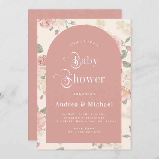 ダスティピンクヴィンテージバラガーデンボホアーチボタニカル 招待状 (正面/裏面)