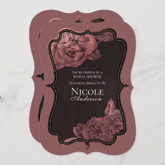 ダスティピンクヴィンテージバラ金ゴールドグラムブライダルシャワー 招待状 (正面/裏面)