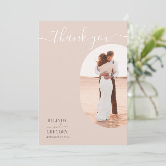 ダスティピンク私たちはミニマリストの写真結婚の サンキューカード (スタンド正面)