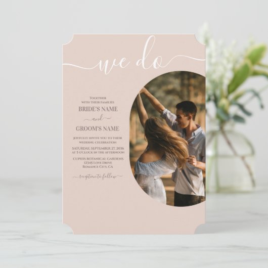 ダスティピンク私たちはミニマリストの写真結婚の 招待状 (スタンド正面)