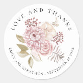 ダスティピンク花模様ありがとう名前結婚日付 ラウンドシール (正面)