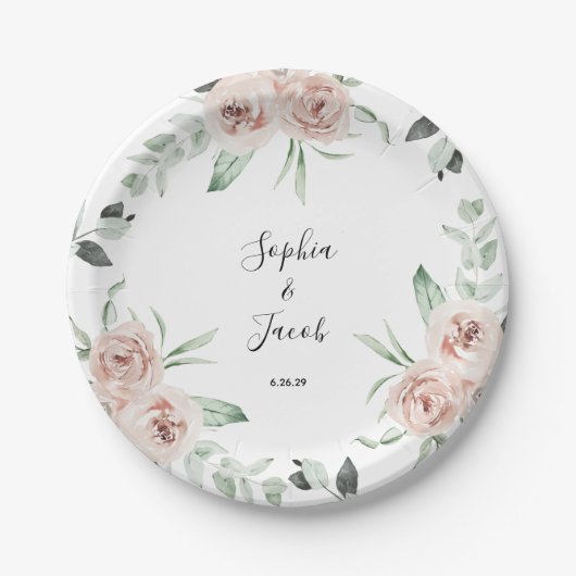 ダスティピンク赤面フローラユーカリ結婚ス ペーパープレート (正面)