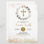 ダスティピンク金ゴールドクロスガールバプテスマ招待状 招待状 (正面/裏面)