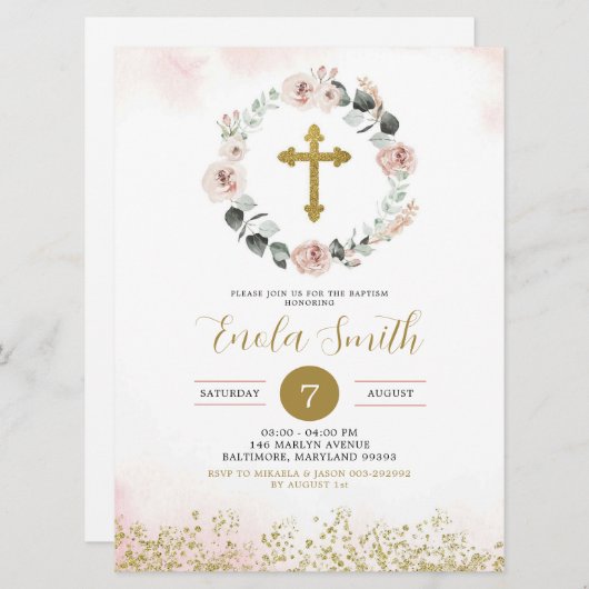 ダスティピンク金ゴールドクロスガールバプテスマ招待状 招待状 (正面/裏面)