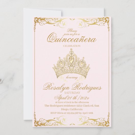 ダスティピンク金ゴールドティアラプリンセスキンセアニラ 招待状 (正面)