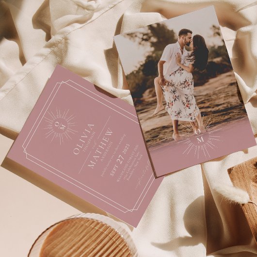 ダスティピンク70年代のミッドセンチュリー70年代モノグラム結婚写真 招待状