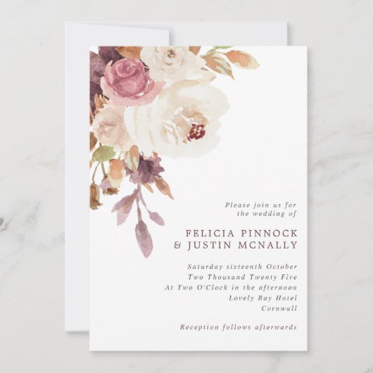 ダスティピンク&アイボリーフローラ結婚式招待状 招待状 (正面)