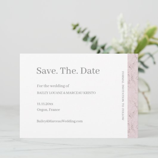 ダスティピンク グレー ホワイト マーブル セーブ・ザ・デート ウェディング 招待状 (スタンド正面)