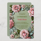 ダスティピンク サージプリーン 花のブライダルシャワー 招待状 (正面/裏面)