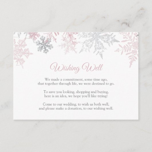 ダスティピンク＆シルバーの雪の結晶 ウェディング ウィッシュ ウェル エンクロージャーカード (正面)