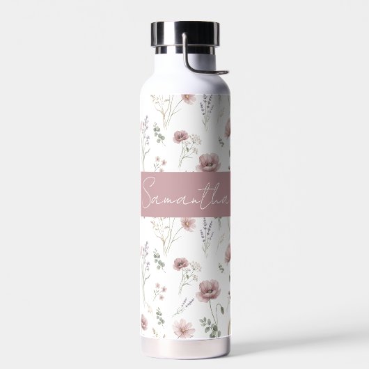 ダスティピンク セージグリーン 水彩の野の花  ウォーターボトル (左面)
