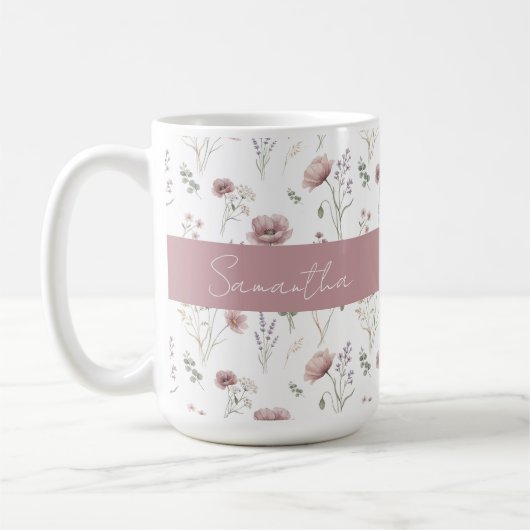 ダスティピンク セージグリーン 水彩野の花 コーヒーマグカップ (左)