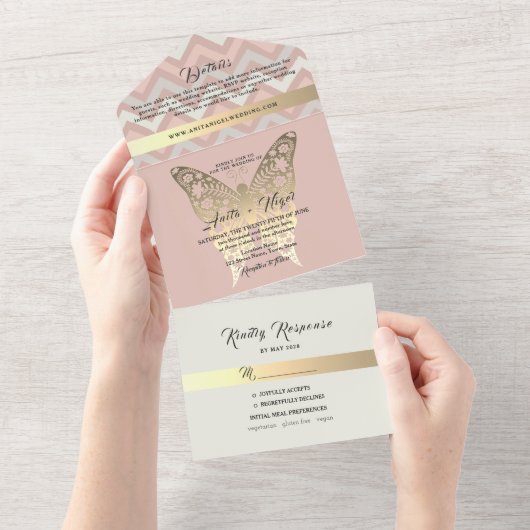 ダスティピンク バタフライ オールインワン ウェディング 招待状 (貼ってはがせる)