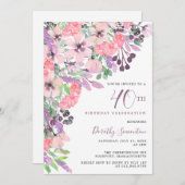 ダスティピンク パープル ワイルドフラワー 40歳の誕生日 招待状 (正面/裏面)