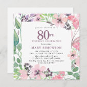 ダスティピンク パープル ワイルドフラワー 80歳の誕生日 招待状 (正面/裏面)
