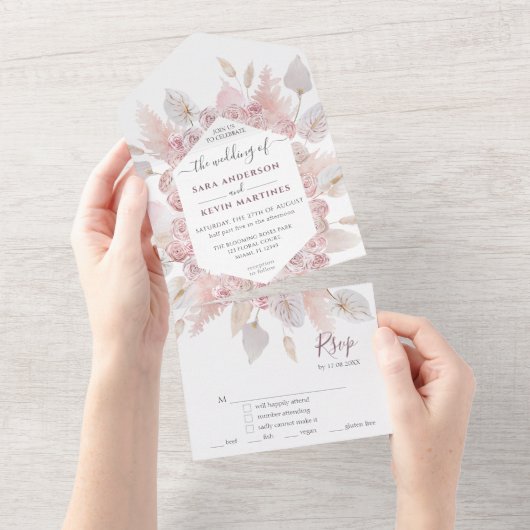 ダスティピンク フラワー ウェディング オールインワン 招待状 (貼ってはがせる)