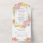 ダスティピンク フローラル ゴールド ドライ パームリーフ ウェディング オールインワン招待状 (内側)