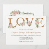 ダスティピンク フローラル ゴールド ラブ ボタニカル ウェディング 招待状 (正面/裏面)