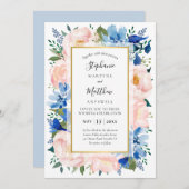 ダスティピンク ブルー 水彩 花 ゴールド 結婚式 招待状 (正面/裏面)