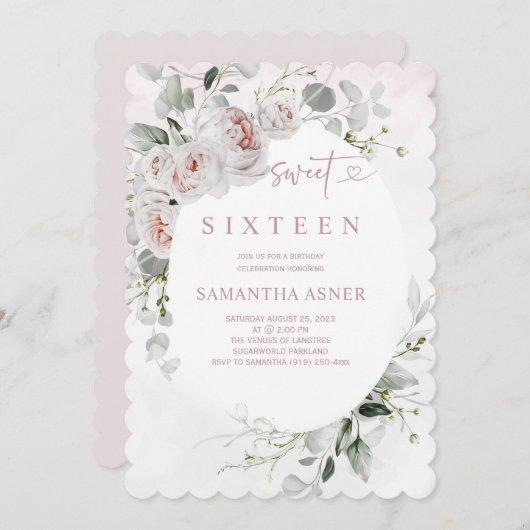 ダスティピンク&ホワイトローズスウィート16招待状 招待状 (正面/裏面)