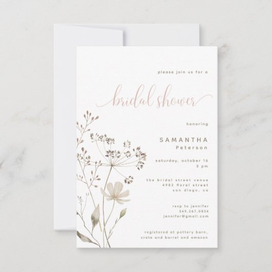 ダスティピンク ボタニカル フラワーブライダルシャワー 招待状 (正面)
