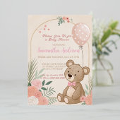ダスティピンク ボヘミアンテディベア風バルーン ベイビー 箔招待状 (立ち正面)