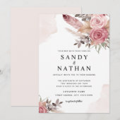 ダスティピンク ボーホー フラワー ウェディング 招待状 (正面/裏面)