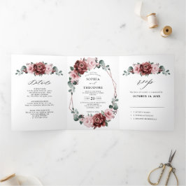 ダスティピンク マーブ ルーズ フローラル ジオメトリック ウェディング 三つ折り案内状