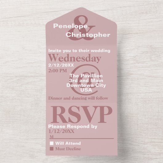 ダスティピンク モダン タイポグラフィ 大きなシンボル 結婚式 オールインワン招待状 (内側)