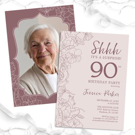 ダスティピンク モーブ フォトサプライズ 90歳の誕生日 招待状