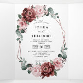 ダスティピンク モーブ ローズ フローラル ジオメトリック ウェディング 三つ折り案内状 (内部中)