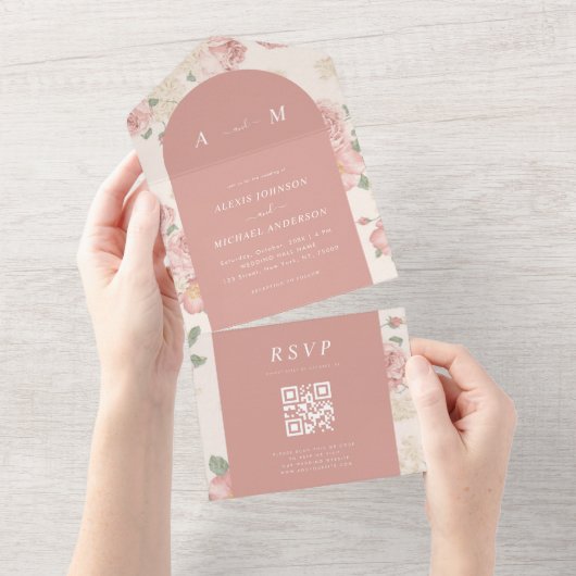 ダスティピンク ヴィンテージ ローズ フラワール 60年代 ボヘミア アーチ オールインワン招待状 (貼ってはがせる)