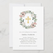 ダスティピーチかわいらしフローラリースとクロスバプテスマ 招待状 (正面)